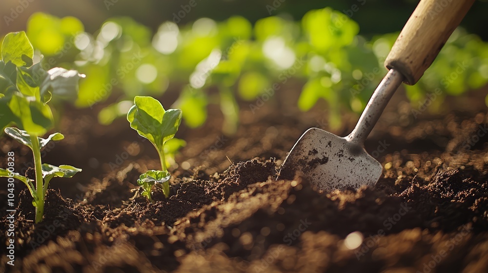 Close-up of a garden shovel digging into rich soil next to young green plants. Close-up of a garden shovel digging into rich soil next to young green plants.