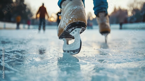 Close-up of a skater's blade on ice, showcasing thrilling winter sports activity.