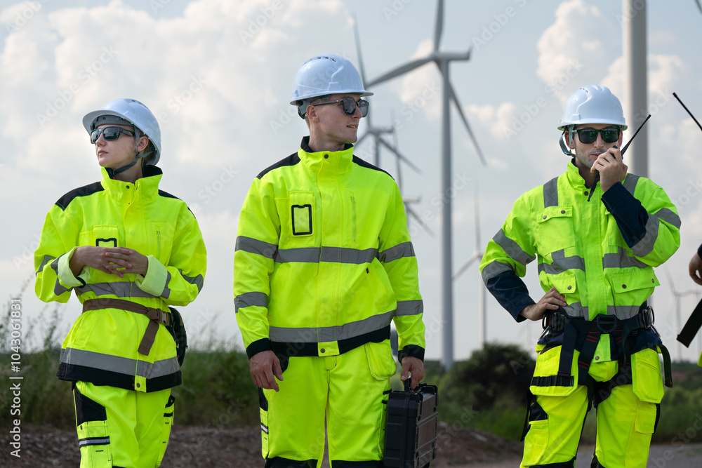 Maintenance engineer team standing at windmills at wind turbine farm. Skill people working outdoors at alternative renewable energy wind power station. Sustainable clean energy technology. Ecology Maintenance engineer team standing at windmills at wind turbine farm. Skill people working outdoors at alternative renewable energy wind power station. Sustainable clean energy technology. Ecology