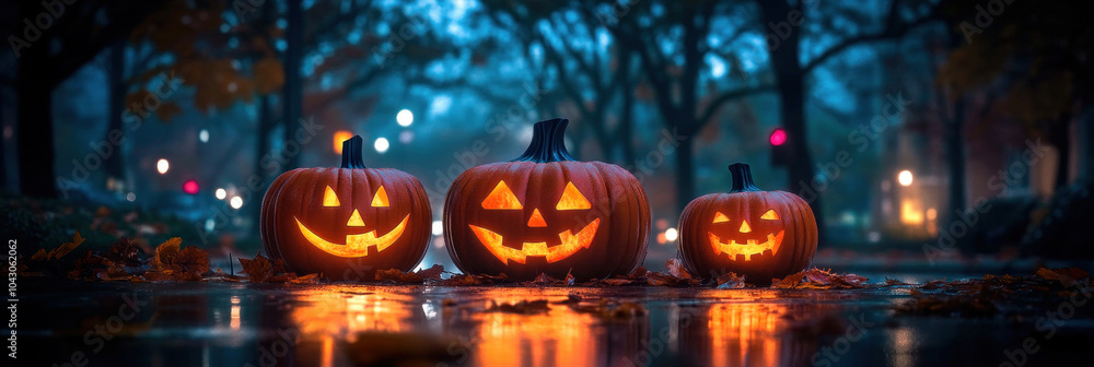 Three intricately carved pumpkins shine brightly in the dark on a rainy Halloween night surrounded by colorful fall leaves creating a charming autumn atmosphere Three intricately carved pumpkins shine brightly in the dark on a rainy Halloween night surrounded by colorful fall leaves creating a charming autumn atmosphere