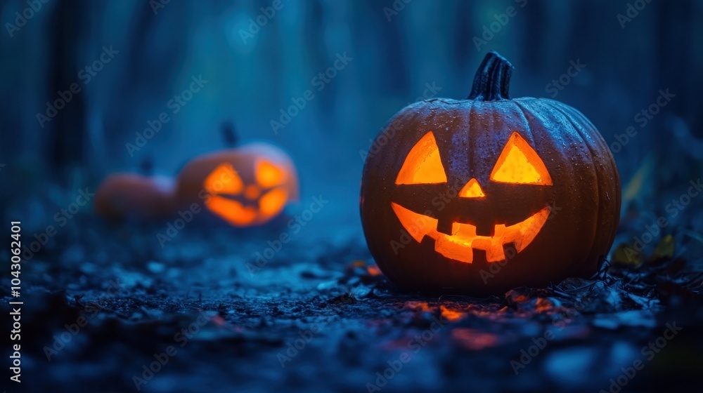 Brightly lit pumpkins with playful faces illuminate a misty forest pathway creating a festive Halloween atmosphere. The vibrant colors and shadows enhance the spooky vibe for seasonal promotions Brightly lit pumpkins with playful faces illuminate a misty forest pathway creating a festive Halloween atmosphere. The vibrant colors and shadows enhance the spooky vibe for seasonal promotions