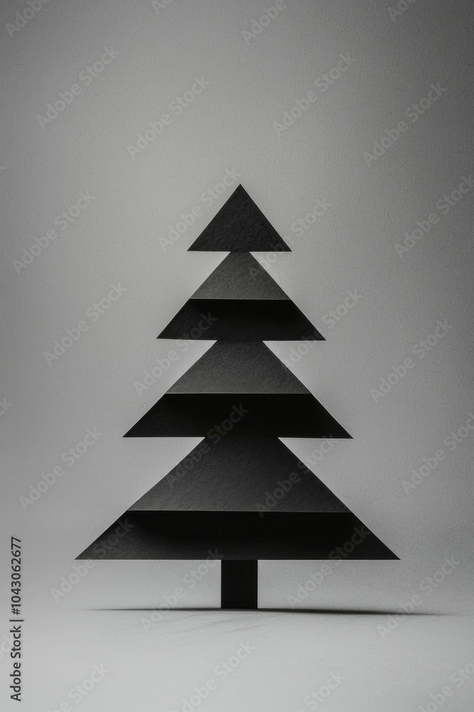 Obraz premium A minimalist Christmas tree silhouette cut out of black paper, standing upright on a grey background. 