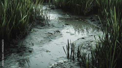 Muddy marshland with tall grass reflecting overcast sky in wetlands photo