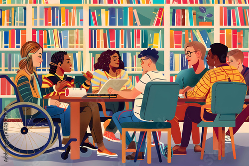 A diverse group of people sitting around an office table, discussing ideas and work in the library. One person is using a blue wheelchair