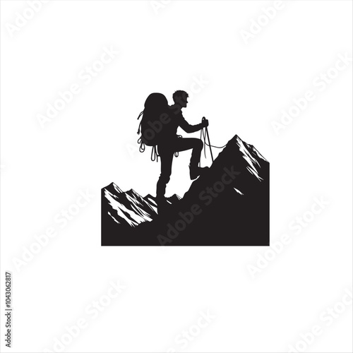 Rock Climbing Silhouette. Abseiler silhouette with mountains , Rappelling