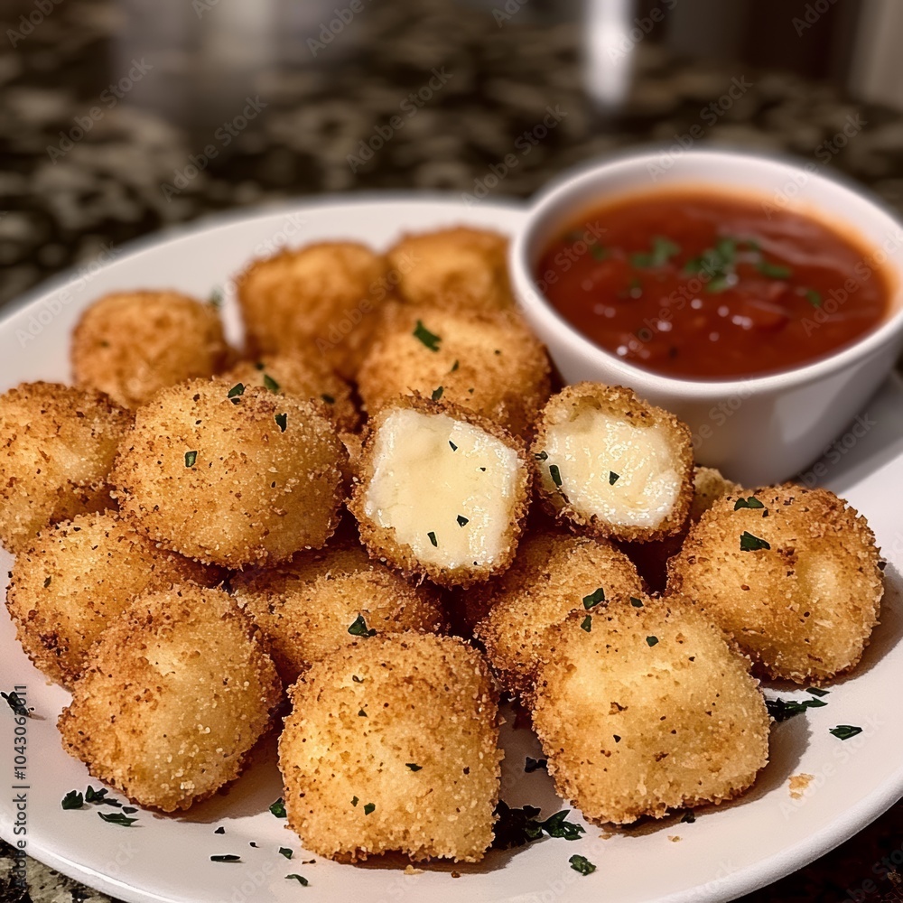 Golden brown cheese bites with marinara sauce, perfect for snacking.