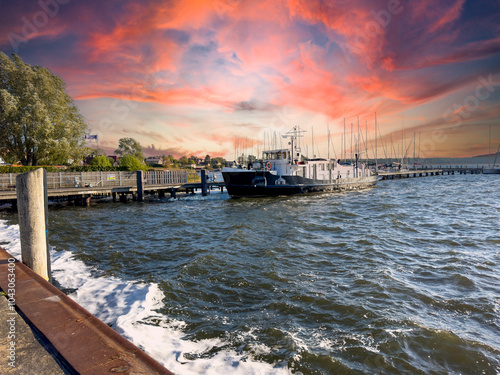 Port of Breege in the sunset on the island of Rügen on the Baltic Sea in Germany