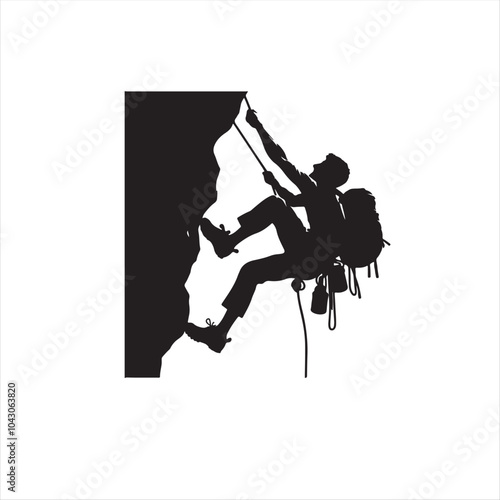 Rock Climbing Silhouette. Abseiler silhouette with mountains , Rappelling