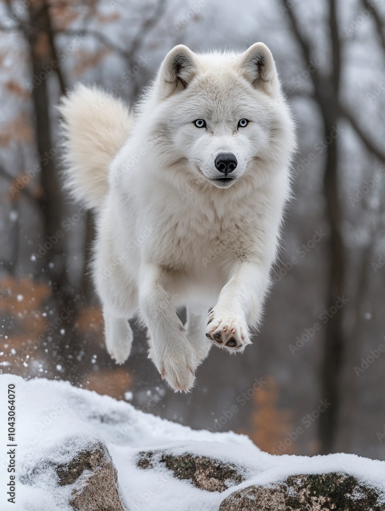 Lobo blanco saltando en la nieve, captura dinámica en un paisaje invernal Lobo blanco saltando en la nieve, captura dinámica en un paisaje invernal