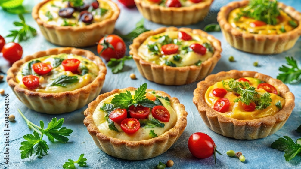Mini Quiches with Fresh Herbs and Vegetables on Light Blue Background - Perfect Appetizers for Brunch Gatherings, Delicious Bite-Sized Treats for Entertaining and Celebrations Mini Quiches with Fresh Herbs and Vegetables on Light Blue Background - Perfect Appetizers for Brunch Gatherings, Delicious Bite-Sized Treats for Entertaining and Celebrations