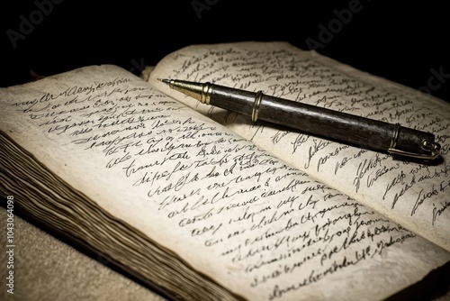 Manuscript Collection with Vintage Pen on Old Pages