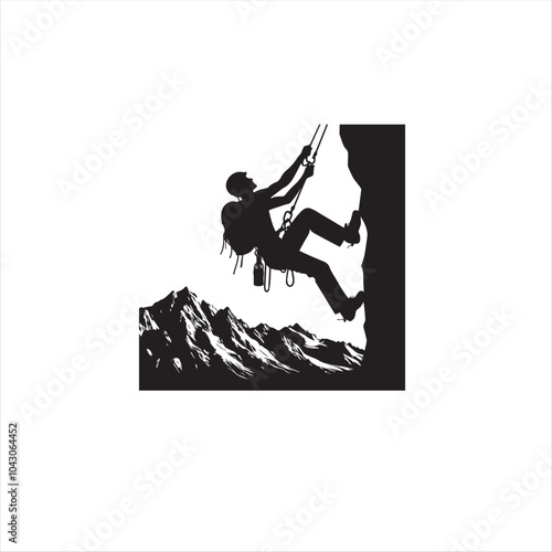 Rock Climbing Silhouette. Abseiler silhouette with mountains , Rappelling