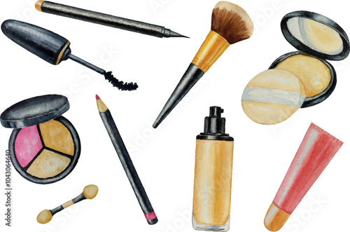 Vector make-up cosmetics set. Eye shadow foundation brush eyeliner powder mascara pencil lip gloss isolated on white background. Hand drawn watercolor illustration, for your design