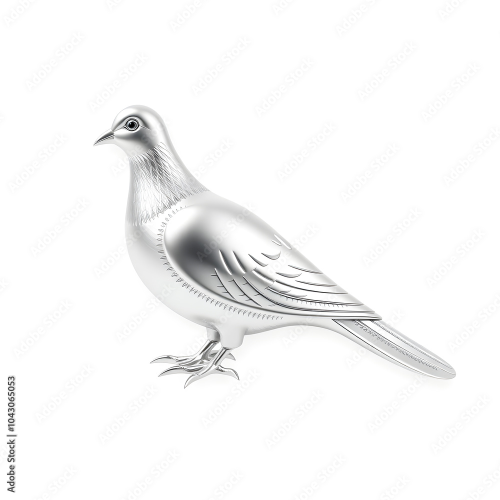 Fototapeta premium Dove metallic 3D image of silver dove on white background. Generative AI