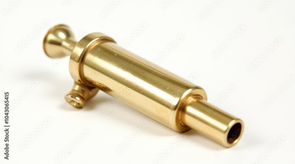 A compact brass telescope, slightly extended, placed on a white background. A compact brass telescope, slightly extended, placed on a white background.