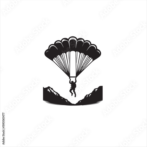 A solitary parachutist descends gracefully against a serene sky and landscape, capturing the essence of adventure and freedom.