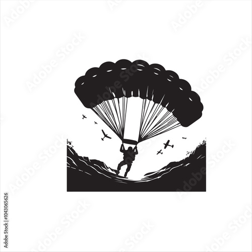 A solitary parachutist descends gracefully against a serene sky and landscape, capturing the essence of adventure and freedom.