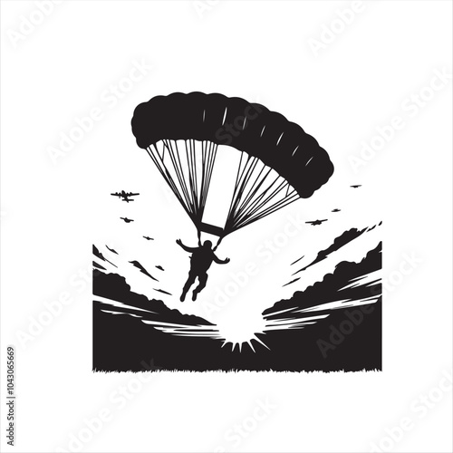 A solitary parachutist descends gracefully against a serene sky and landscape, capturing the essence of adventure and freedom.