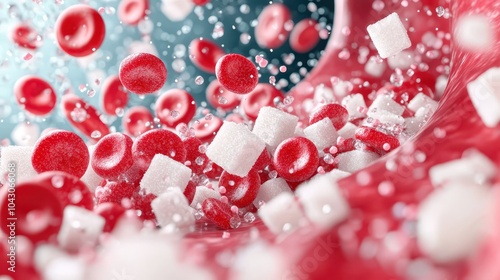 Red blood cells and sugar cubes representing high blood sugar and diabetes health issues. photo