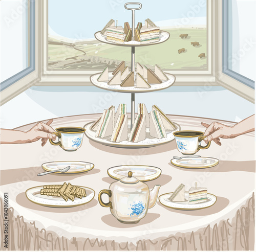 ceramic set coffee in two cups hands  pinky finger up afternoon british tea time party  with biscuits classical pottery tableware fingers sandwich  illustration interior background