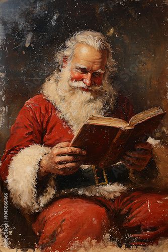 vintage style painting of santa claus reading a book