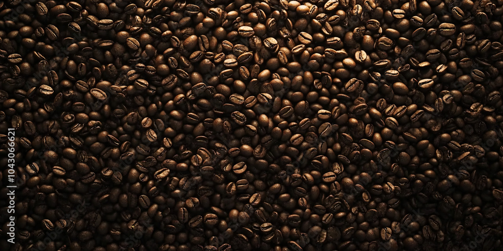An overhead, photorealistic shot of a vast sea of coffee beans. An overhead, photorealistic shot of a vast sea of coffee beans.