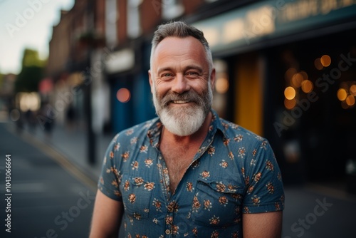 Portrait of a handsome senior man with grey beard and mustache standing outdoors in the city.