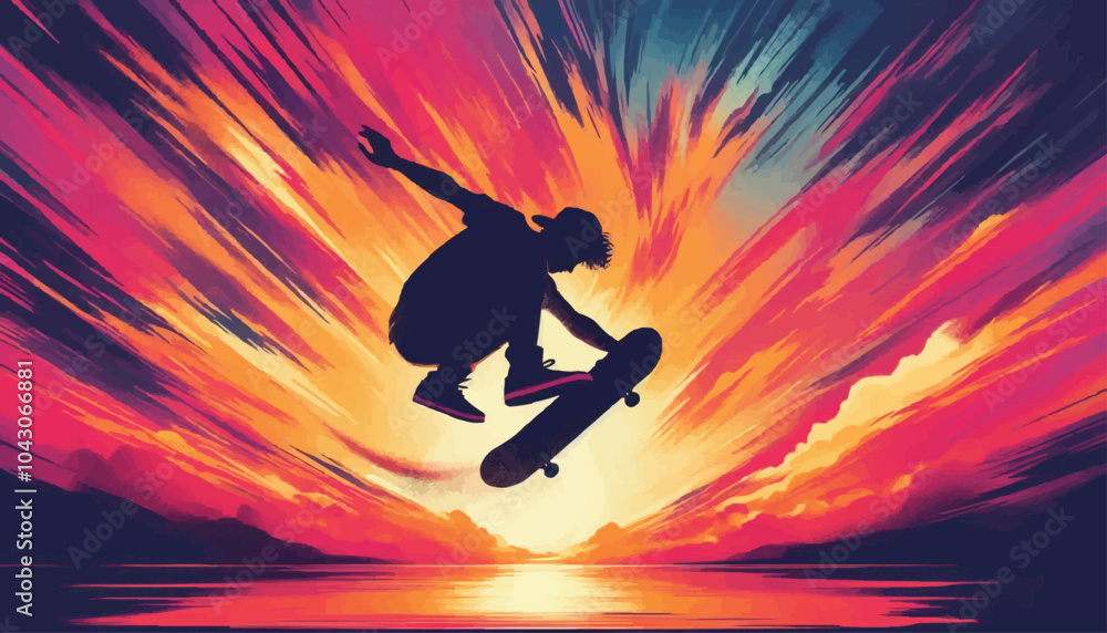 Fototapeta premium Skate people silhouettes skateboarders colorful vector illustration background extreme skateboard, skateboarding