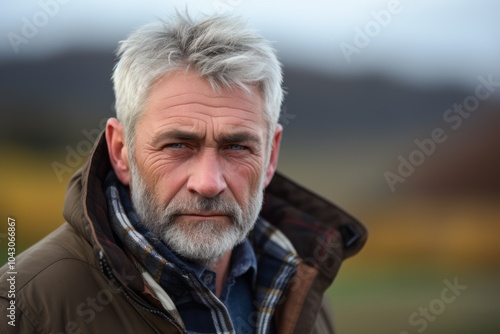 Portrait of senior man with grey hair and beard on blurred background