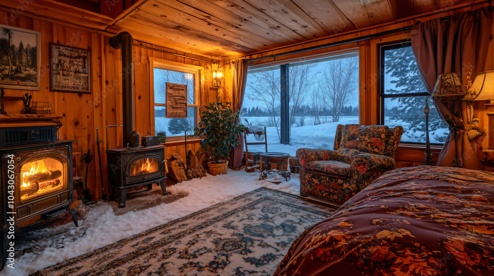 he cabin interior is cozy and rustic with an old-fashioned wood-burning ...