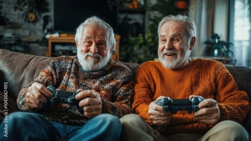 Two elderly men sit on a couch, smiling and enjoying a video game