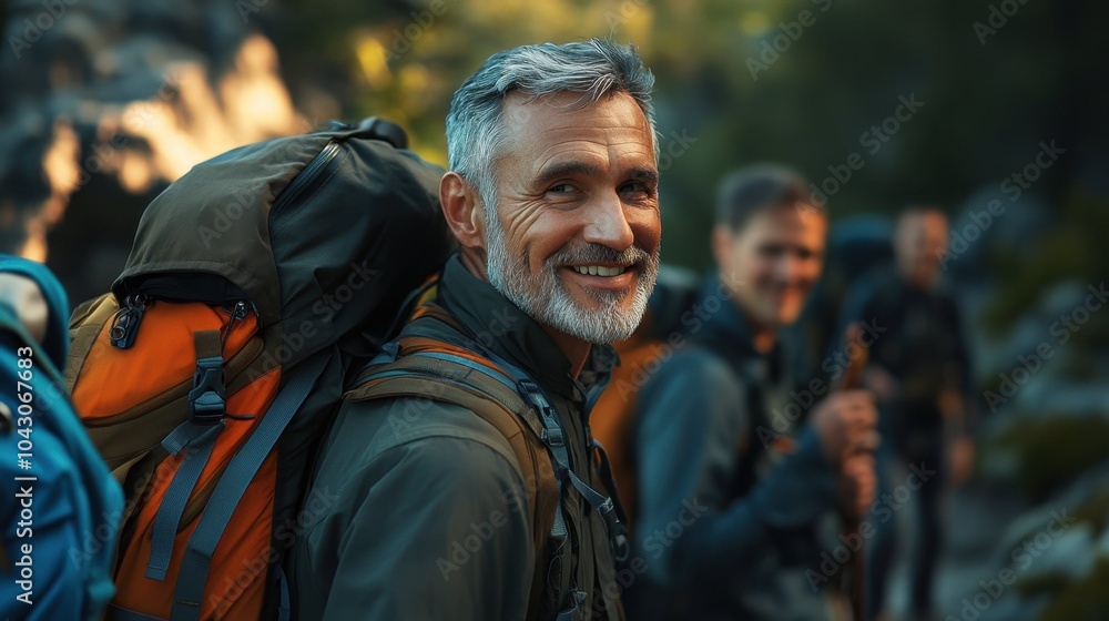 A man who is carrying a backpack is smiling joyfully while hiking in the woods A man who is carrying a backpack is smiling joyfully while hiking in the woods