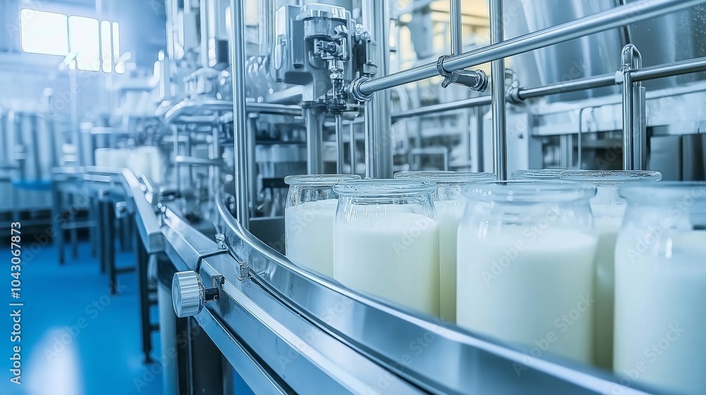Fototapeta premium Dairy product containers moving on a conveyor belt in a factory.