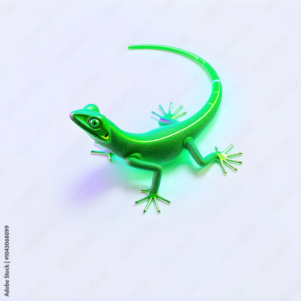 Fototapeta premium Lizard metallic 3D image of neon green lizard on white background. Generative AI