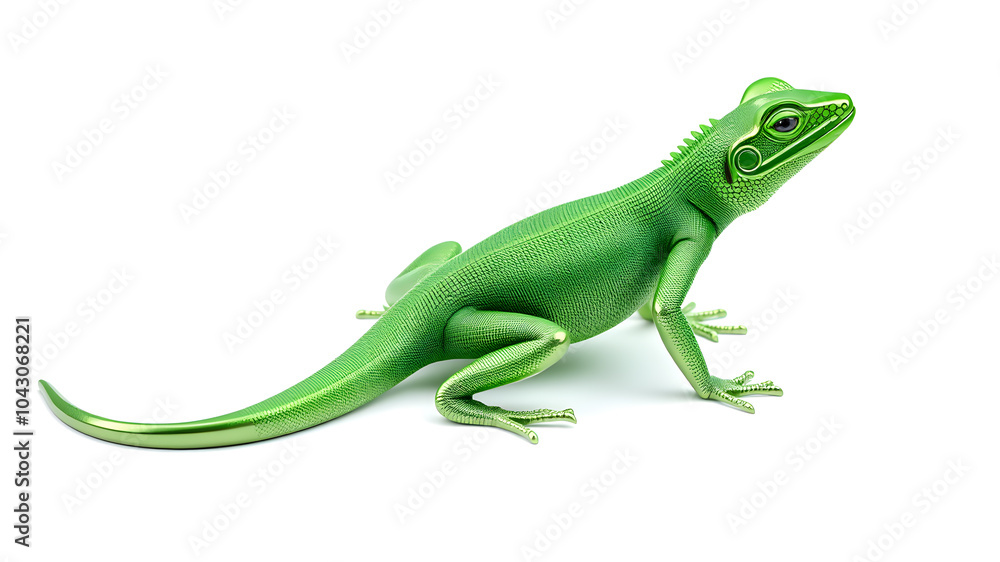 Fototapeta premium Lizard metallic 3D image of neon green lizard on white background. Generative AI