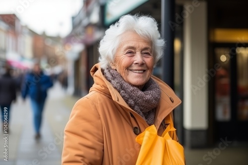 Portrait of happy senior woman walking in city street, looking at camera