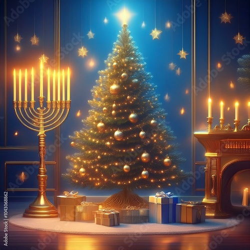 Beautifully decorated Christmas tree with a menorah candlelight glowing in the background art photo