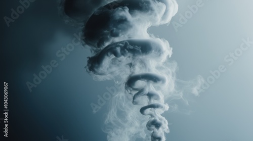 A spiral of smoke rising upwards, with its density and form constantly shifting. The thick, dark spirals intertwine and twist gracefully, creating an ethereal, dynamic effect.