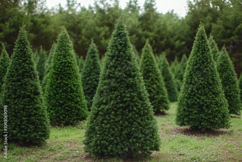 Christmas Tree Farm. Landscape of Green Christmas Trees in Repetition