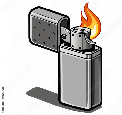 Vector illustration of a classic vintage gasoline lighter sketch featuring an open lid and a flame. Fire flame gas lighter with a fiery side view, outline, and icon. photo