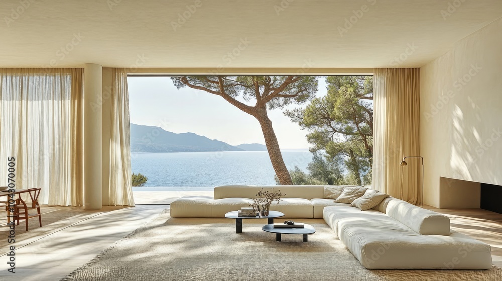 Fototapeta premium Minimalist Modern Living Room with Sea View and Large Windows, Elegant Interior Design