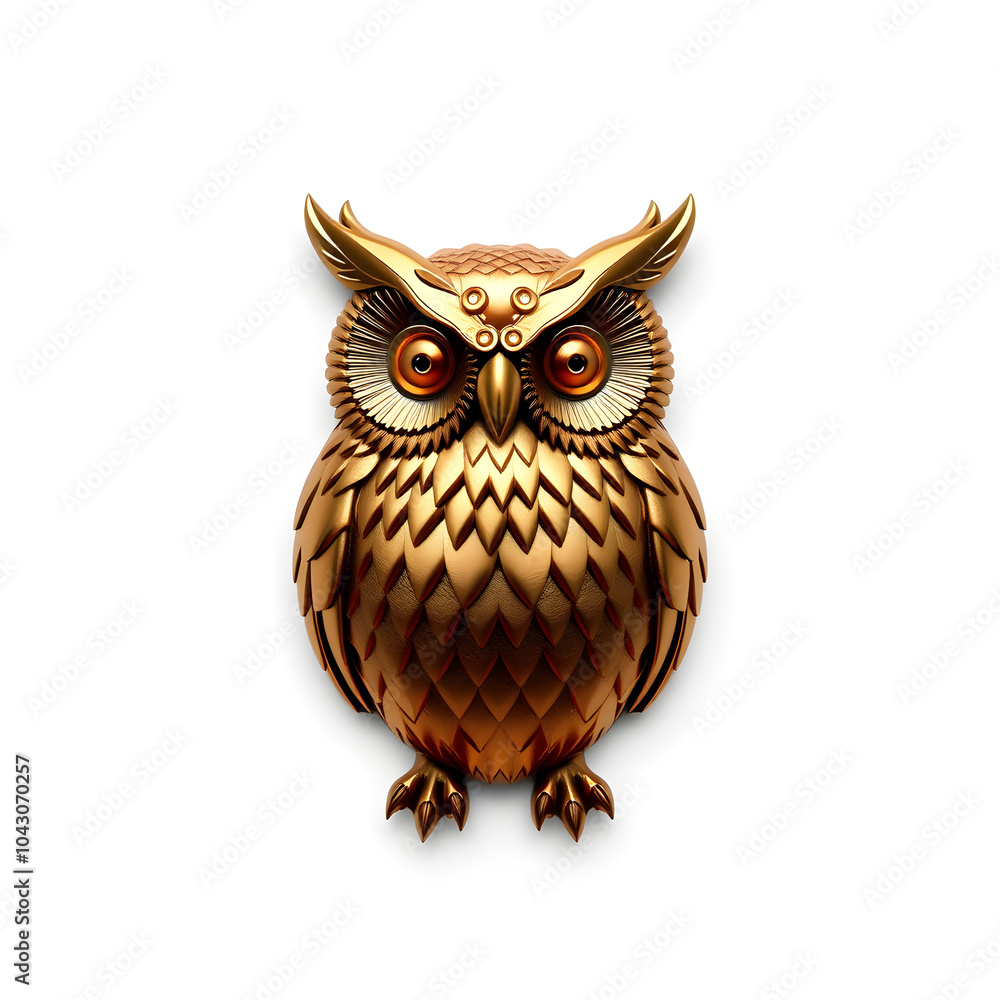 Obraz premium Owl metallic 3D image of bronze owl on white background, generative AI