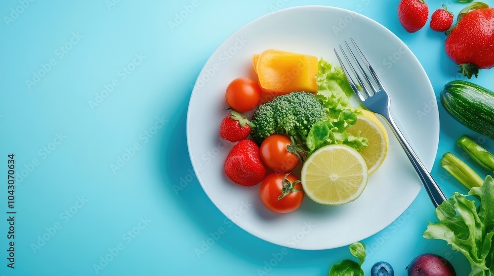 Fresh assorted vegetables and fruits on a white plate with fork, placed on a vibrant blue background. Fresh assorted vegetables and fruits on a white plate with fork, placed on a vibrant blue background.
