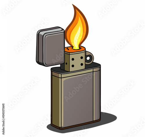 Vector illustration of a classic vintage gasoline lighter sketch featuring an open lid and a flame. Fire flame gas lighter with a fiery side view, outline, and icon. photo