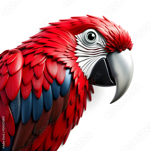 Parrot metallic 3D image of ruby red parrot on white background. Generative AI photo