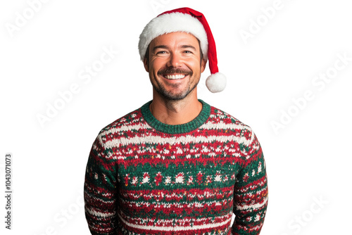 Cheerful Caucasian man wearing Christmas sweater and Santa hat isolated on a transparent background