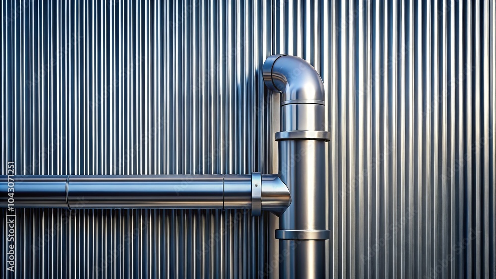 Stainless Steel Pipe Mounted on Symmetrical Sheet Metal Facade with Copy Space for Architectural Photography and Industrial Design Concepts Stainless Steel Pipe Mounted on Symmetrical Sheet Metal Facade with Copy Space for Architectural Photography and Industrial Design Concepts