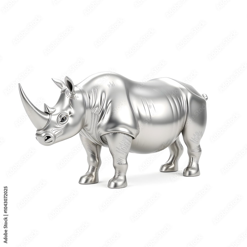 Obraz premium Rhino metallic 3D image of silver rhino on white background. Generative AI