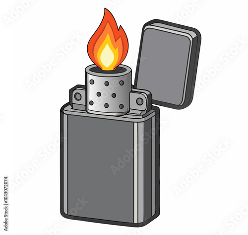 Vector illustration of a classic vintage gasoline lighter sketch featuring an open lid and a flame. Fire flame gas lighter with a fiery side view, outline, and icon. photo