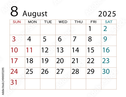 2025年カレンダー　8月 ⑵